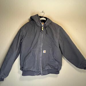 VINTAGE CARHARTT JACKET J140-GVL LARGE GRAY CANVAS FULL ZIP QUILTED HOODED